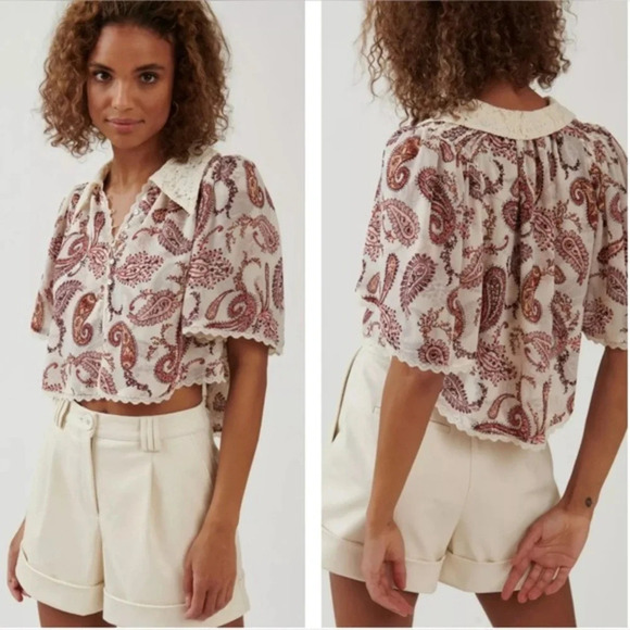 The Bright Side by Rocky Barnes Paisley Lace Button Front Crop Top Blouse Size L - Picture 1 of 11